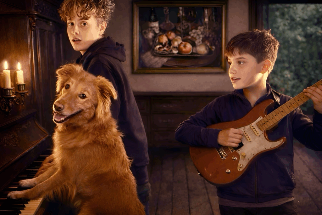 Zwei Kinder musizieren gemeinsam an Klavier und Gitarre in einem warmen, historischen Raum; ein Hund sitzt aufmerksam am Klavier