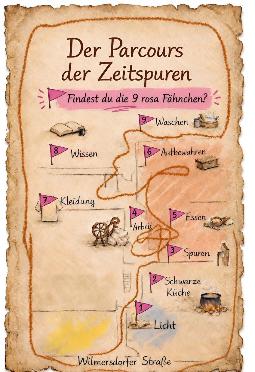 Schatzkarte: Der Parcours der Zeitspuren – findest du die 9 rosa Fähnchen? Zum Vergrößern klicken.