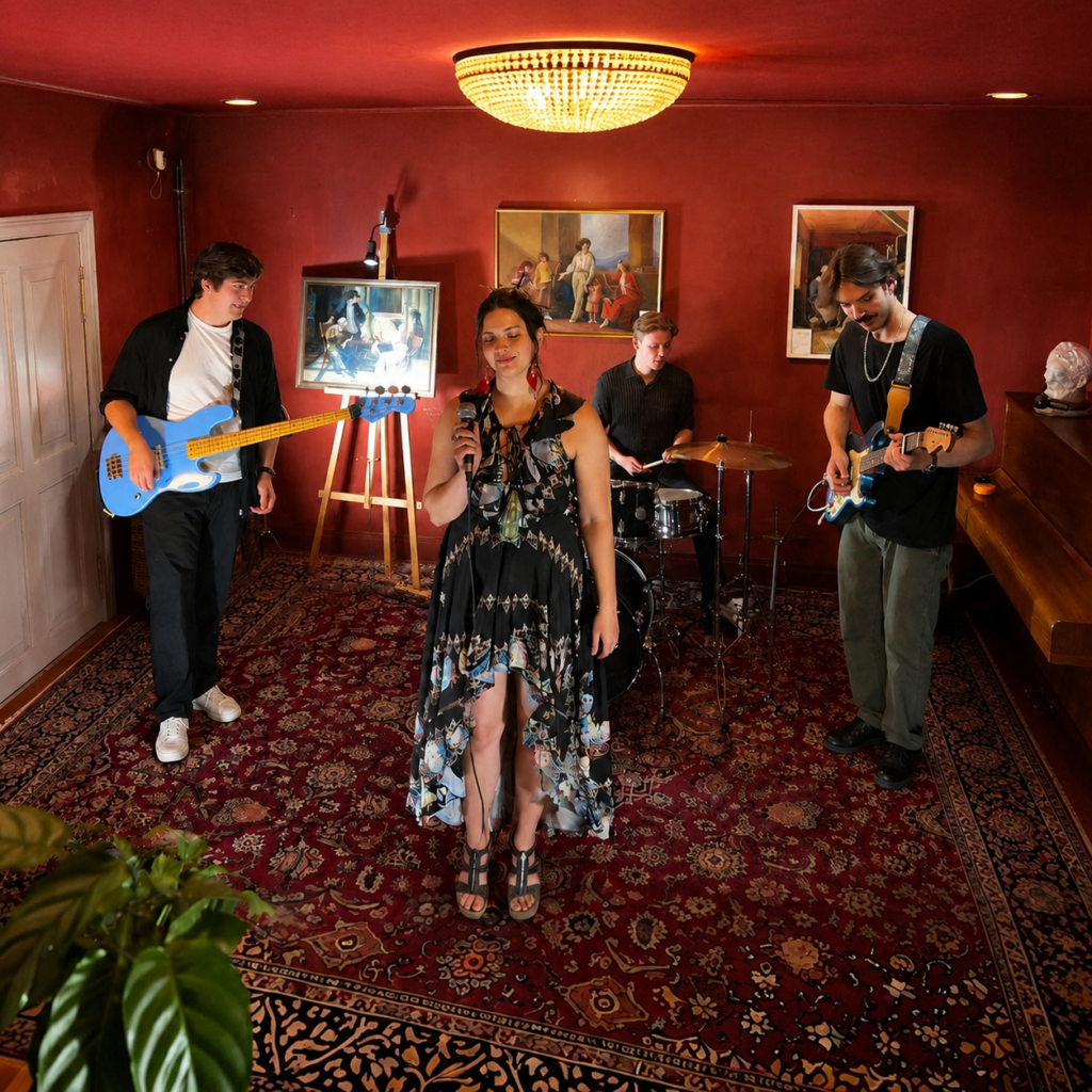 Die Atelierband mit Gesang, Bass, Gitarre und Schlagzeug beim 3. Atelierabend