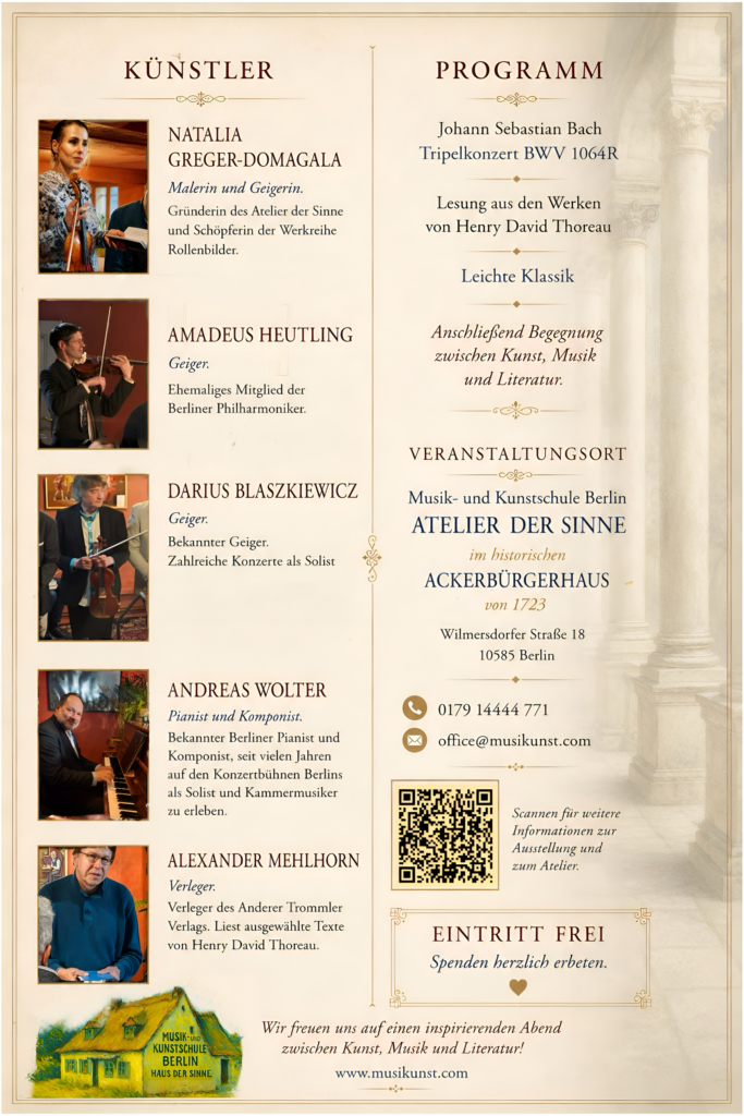 Flyer Rückseite zum 4. Atelierabend „Rollenbilder – Bach & Thoreau“ mit Informationen zum Programm, den Mitwirkenden sowie Ort und Termin.