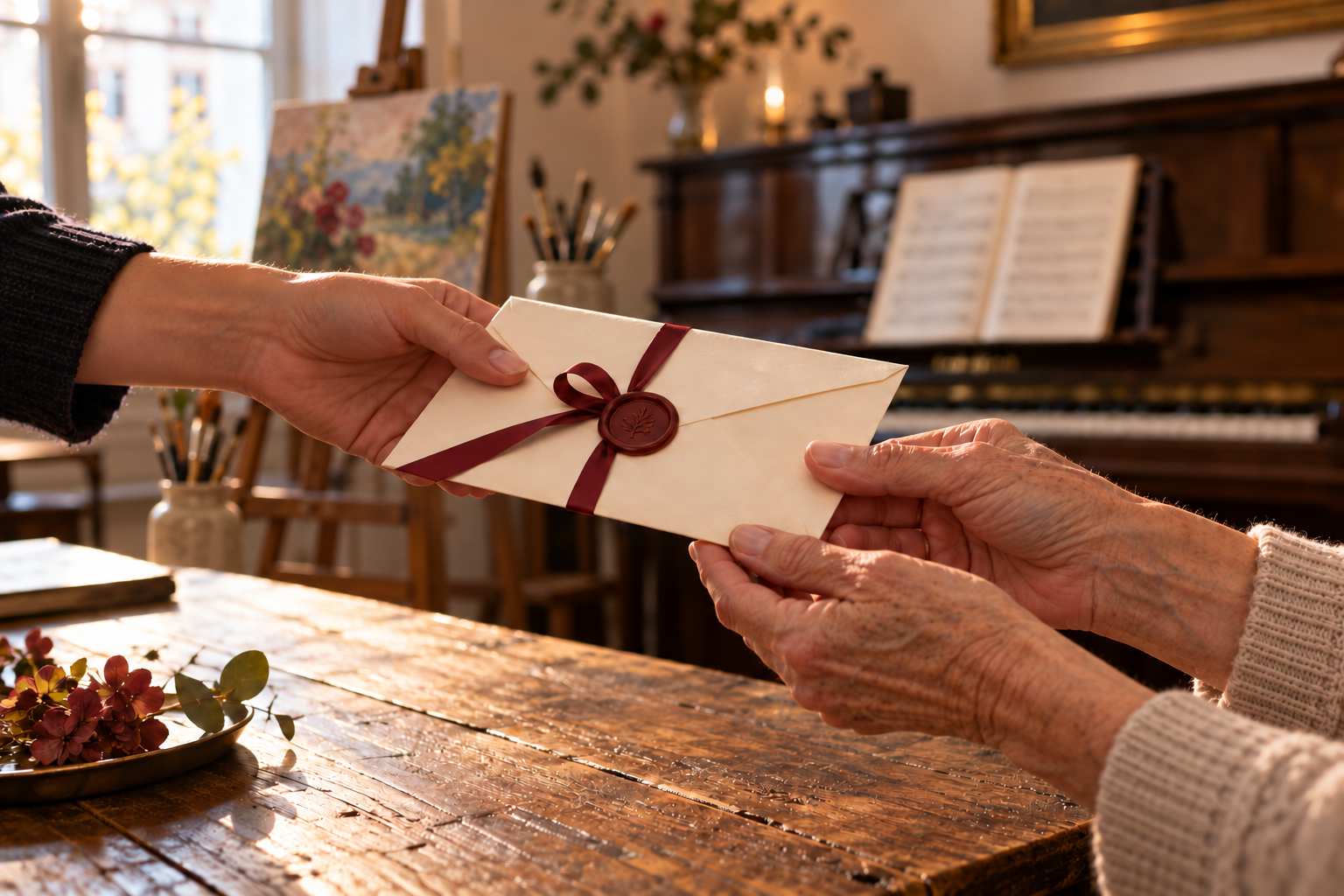 Zwei Hände übergeben einen Geschenkgutschein mit Wachssiegel, im Hintergrund Klavier und Staffelei im Atelier der Sinne